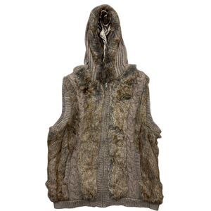 Green Tea Sweater Vest Womens 2XL Taupe Faux Fur Trim Lined Hooded Hand Pockets
